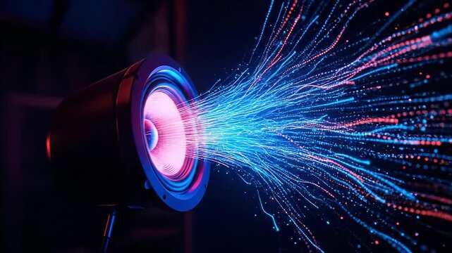 Speaker emitting vibrant blue and red particle streams in abstract motion.