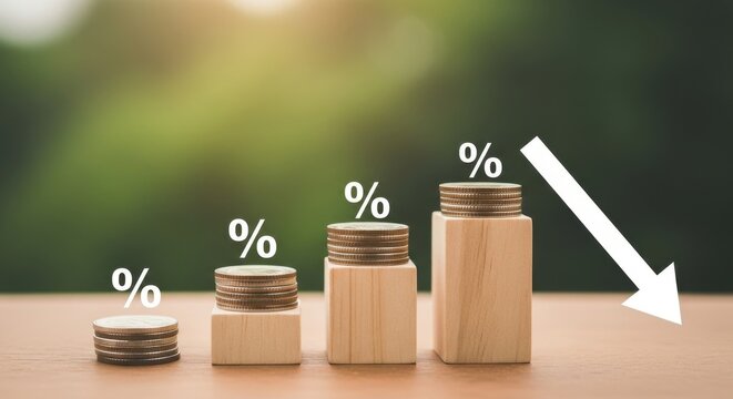 Interest rate decrease concept with percentage icons on coin stacks, falling financial arrow on wooden blocks, economic deflation and mortgage reduction