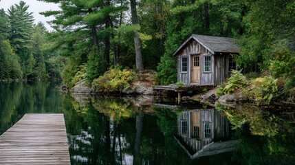 Obraz premium Cabin lakeside forest reflection calm scenery