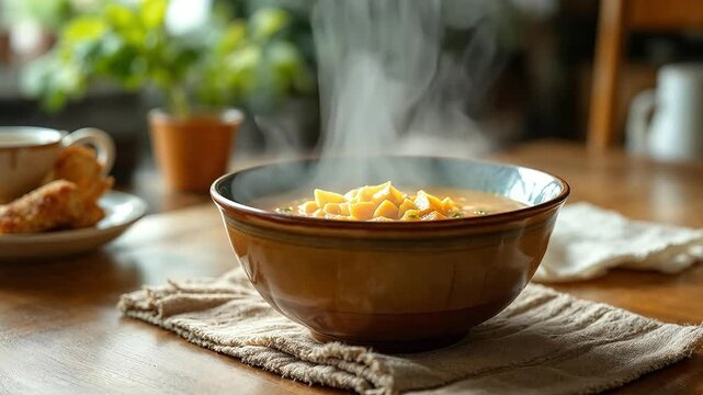A steaming bowl of soup with pasta served on a rustic table.