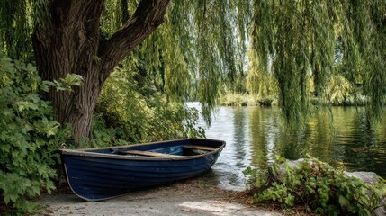 Fototapeta premium Blue rowboat by tranquil lakeside trees
