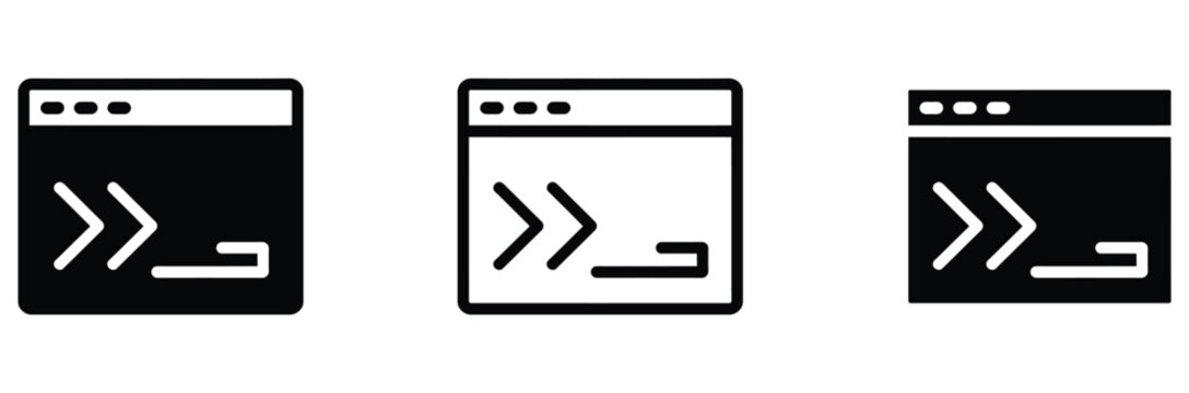 Three Browser Window Icons with Code Symbols for Web Development and Design Concepts on Computer Screens