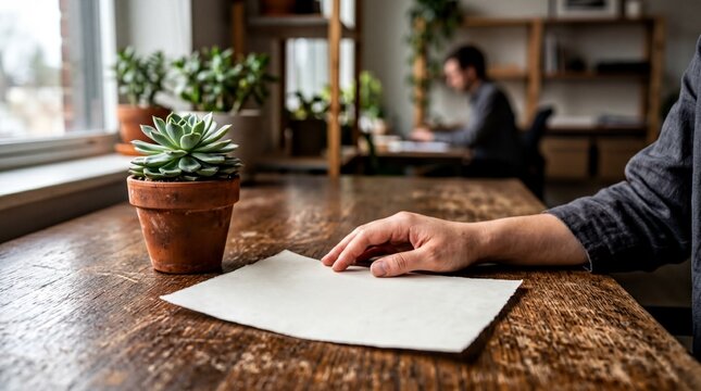 office environment, a resignation letter rests atop a green plant, symbolizing change