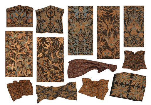 Collection of indonesian batik fabric swatches featuring intricate floral, leaf, and traditional javanese patterns in brown, blue, and black
