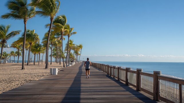 Boardwalk runner ocean palm trees sunlight