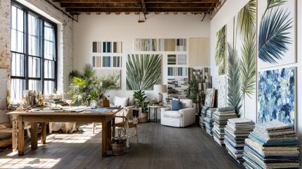 Fototapeta premium Bright studio interior with artwork and plants