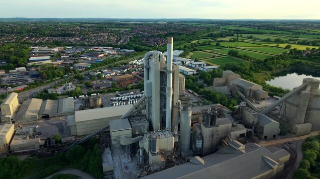 Aerial drone view of industrial kiln towers and chimney stacks at a large scale concrete production facility in Rugby UK