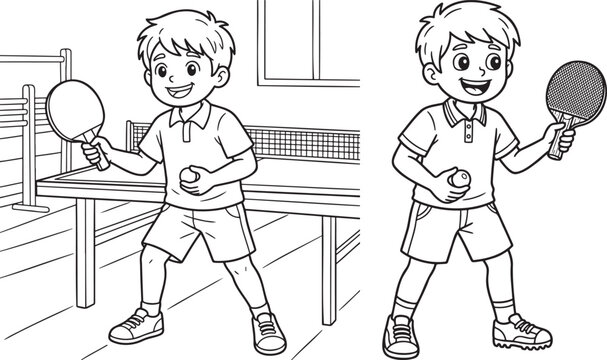 Two cartoon boys playing table tennis holding paddles and balls one near a net and table line art illustration with ping pong