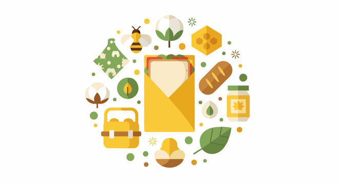 Zero Waste Lifestyle and Sustainable Food Storage Icon Set featuring Beeswax Wraps, Sandwich, Honey Bee, and Organic Picnic Elements in a Flat Vector Illustration Style