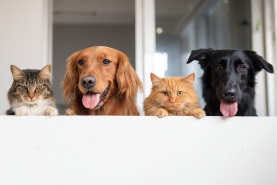 The Pets Peeking Over A White Ledge, Two Dogs And Two Cats Together