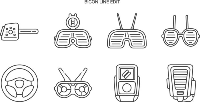 Line edit of car gadgets and accessories, including remote controls, goggles, and steering wheels line car gadgets