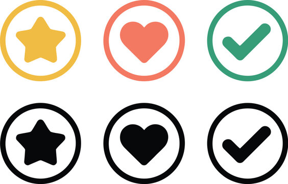 Circular icons set, star heart and checkmark symbols for rating favorites approval and UI design concepts.