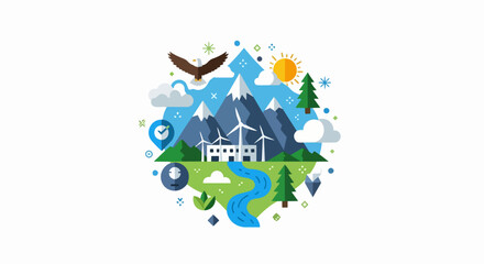 Obraz premium Sustainable Ecology and Clean Renewable Energy Concept Flat Vector Illustration with Mountains, Wind Turbines, and Nature Elements