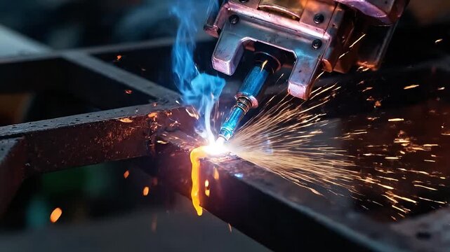 Automated welding with sparks and molten metal in a factory setting.