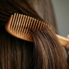 Obraz premium Soft wooden comb glides through dark, glossy hair