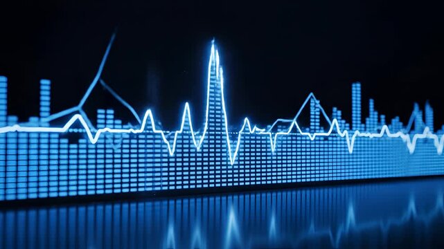 Abstract Blue Digital Audio Waveform Visualization with Reflective Surface.