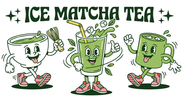 Cute cartoon ice matcha tea characters with smiling faces and arms.