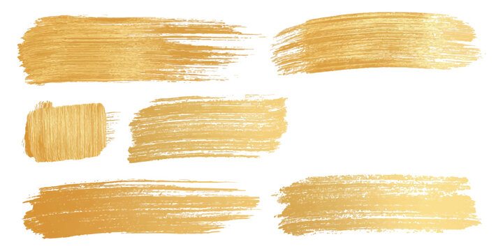 Gold paint brush strokes set isolated on white background, abstract metallic texture vector illustration elements.