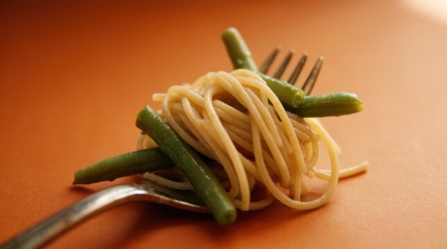 A fork with spaghetti noodles and green beans on it 
