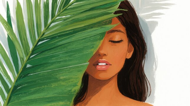 An illustrated woman with closed eyes is partially hidden behind a large green palm leaf on a plain white background. 
