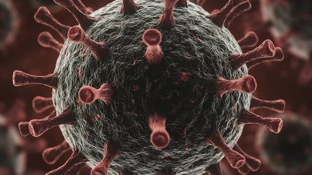A close-up, microscopic view of a virus with red spikes.