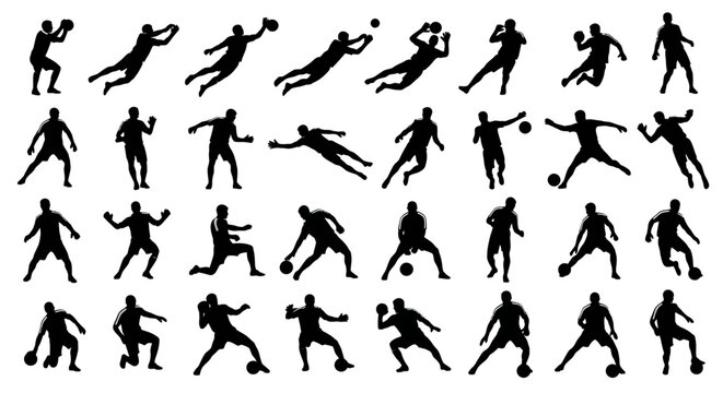 Comprehensive collection of black vector athlete silhouettes capturing a wide range of soccer and general athletic poses, ideal for sports-themed graphics and design projects