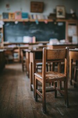 Fototapeta premium Vintage empty classroom with wooden desks and blackboard