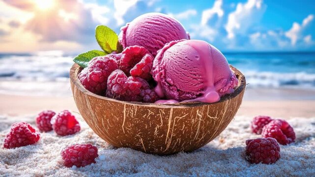 Raspberry sorbet in coconut bowl on sandy beach with ocean background