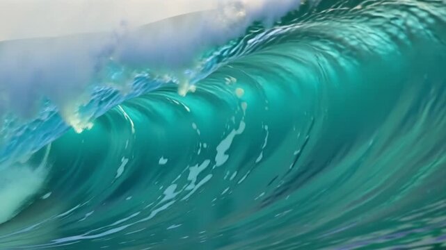 Massive turquoise ocean wave forming a perfect curl with splashing foam and crystal clear water textures