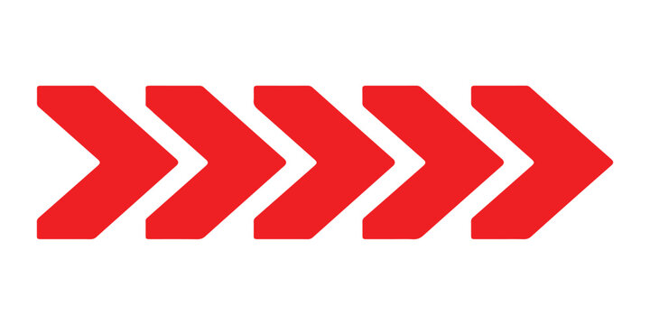 Red directional chevron arrows pointing right in a dynamic sequence on white background vector illustration.