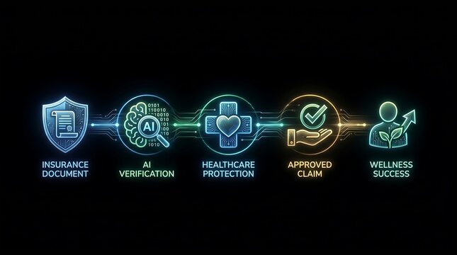 Neon icons illustrate healthcare protection and insurance claim process on black background