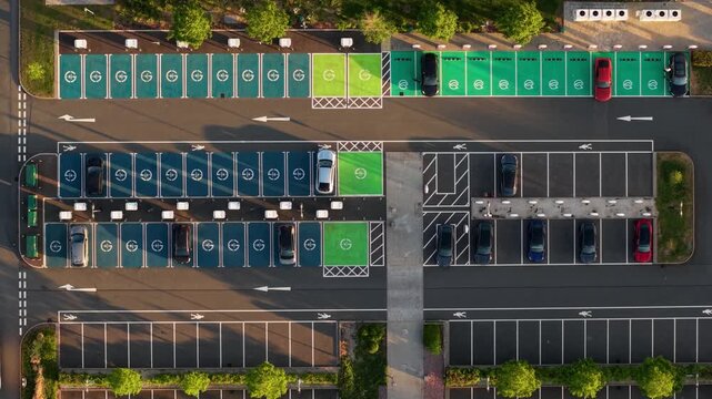 Close Up Aerial View of an Electric Vehicle EV Charging Car Park with Rows of Ultra Rapid Chargers and Cars at Rugby Services Station on the M6 UK