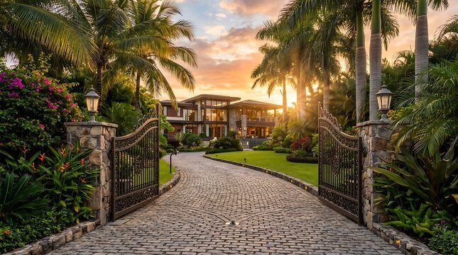 Luxury tropical estate with open iron gates and cobblestone driveway at sunset.