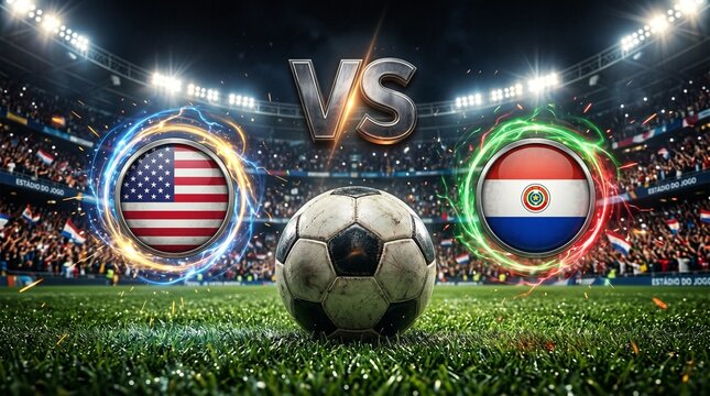 2026 world cup soccer ball - USA vs Paraguay Soccer Match Concept with Flags and Stadium Crowd