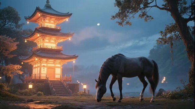 A horse grazes near a glowing pagoda at twilight in this serene scene.