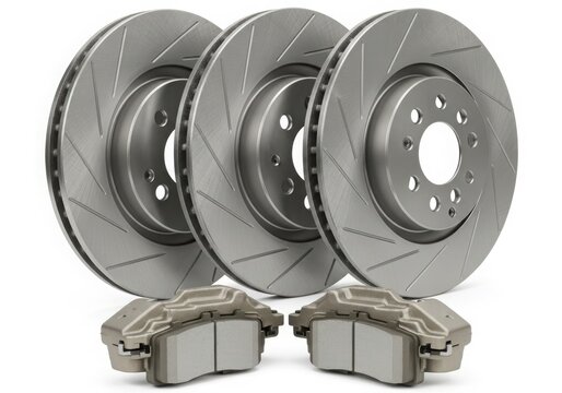 Three brake discs and calipers set on stand