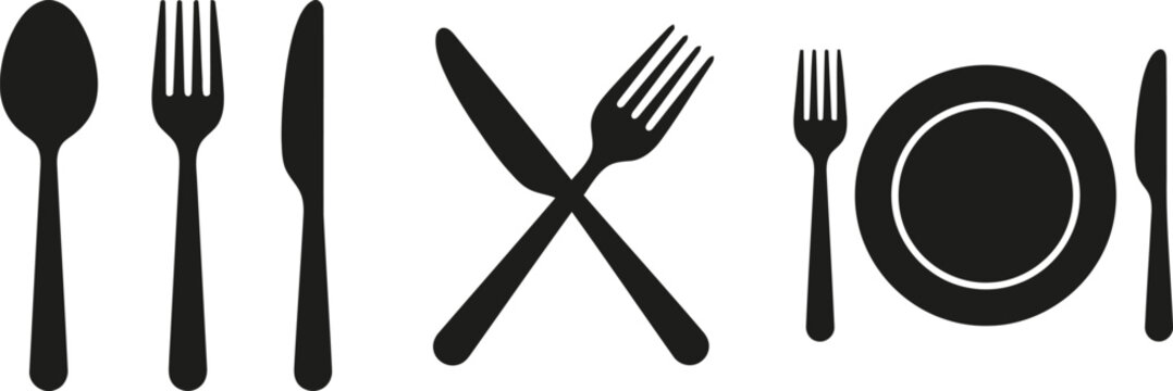 Cutlery and plate icons spoon fork knife and dish symbols restaurant tableware