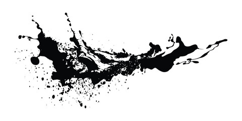 Fototapeta premium Black ink liquid splash and abstract paint splatter shape stretching horizontally with drips vector illustration.