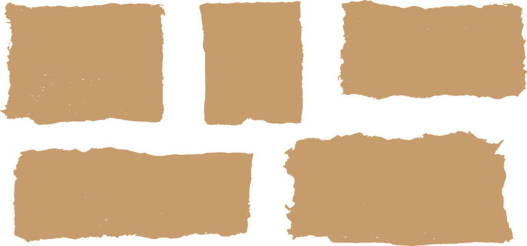 Set of blank light brown torn paper pieces with ripped edges and rough textures vector illustration.