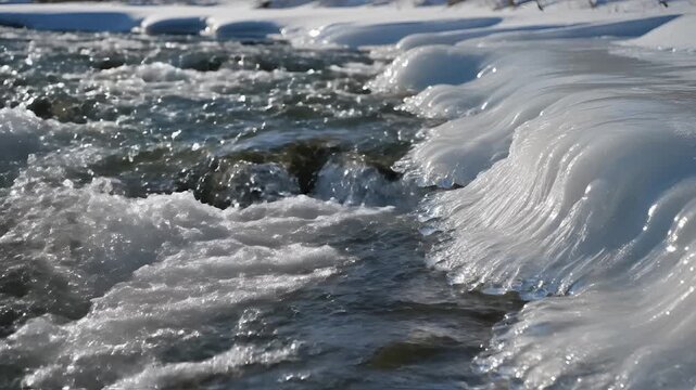 Close up of icy river rapids in winter sunlight.