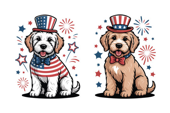 Cute Goldendoodle Patriotic Dog Vector, USA Independence Day Illustration