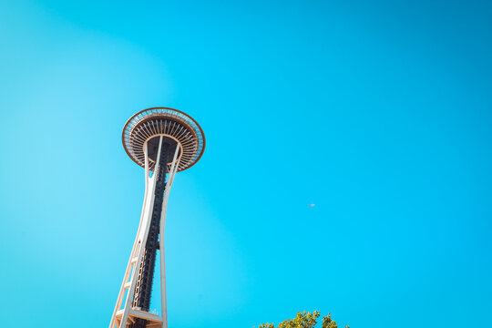 Seattle, Washington, USA - AUGUST 11, 2025:Seattle Skyline Landmark: The Space Needle Against a Clear Blue Sky