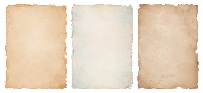 Vintage parchment paper texture set, antique grunge background, distressed retro sheet with ripped torn edges