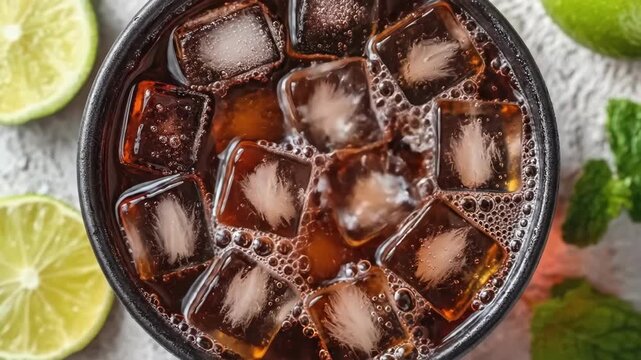 Refreshing iced cola drink with lime slices and mint leaves on a light background
