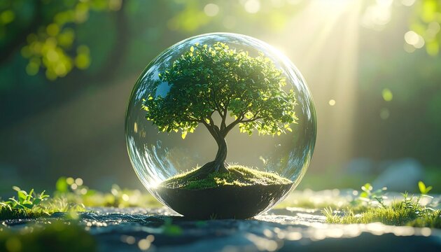 Una serena esfera de cristal que contiene un &aacute;rbol frondoso, que simboliza la naturaleza y la sostenibilidad bajo la radiante luz del sol.
