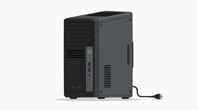 Desktop Computer Tower: A modern, sleek desktop computer tower stands ready for use, featuring a compact design with convenient front-facing ports and ventilation.