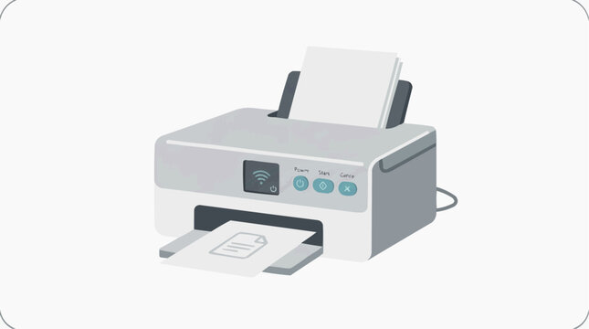 Modern Printer Outputting Document: A sleek, modern printer is shown in action, with paper being fed into the top and another sheet emerging from the front, ready for use.