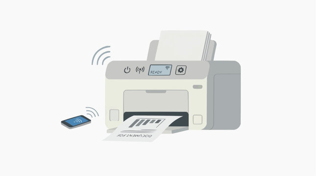 Wireless Printer Connectivity: A modern printer wirelessly connected to a smartphone, demonstrating seamless document printing and digital integration in a clean, minimalist setting.