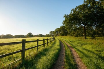 Fototapeta premium The Country Road Winding Through Sunlit Pasture Beside Wooden Fence and Oaks