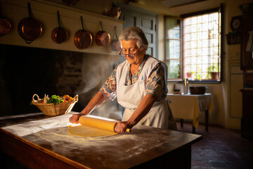 Fototapeta premium Elderly woman rolling out fresh pasta dough in a rustic kitchen